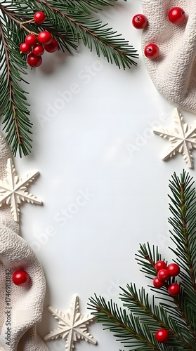 Christmas frame with red berries and evergreen branches