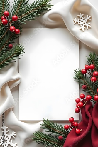 Christmas frame with red berries and evergreen branches