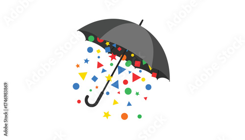 A black umbrella protecting from a colorful shower of geometric shapes, a creative design.