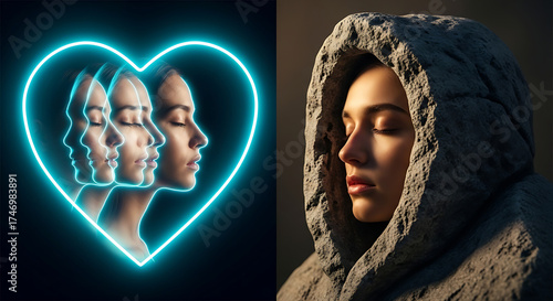 Split image: glowing blue neon heart framing layered female profiles vs stone-hooded woman in soft light — duality of emotion, identity, and inner peace in surreal, contemplative style.
