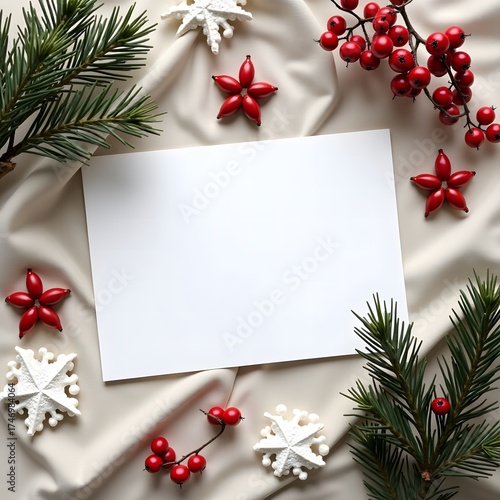Christmas frame with red berries and evergreen branches