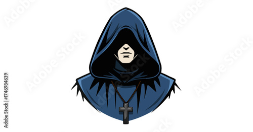 Mysterious hooded figure with cross pendant evokes intrigue and spiritual depth