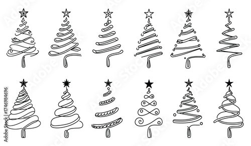 Set of festive hand-drawn christmas trees with stars and garlands stylized hand-drawn festive holiday decorations for winter celebrations and new year isolated on white background