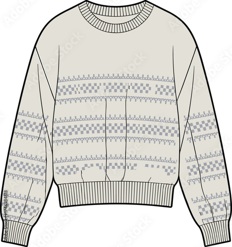 Sweater Knit Geometric Pattern Pullover Roundneck Apparel Clothing Fashion Outfit Garment Textile Illustration Drawing Design Casual Winter Unisex Ribbed Cuffs Hem Stylish Comfortable