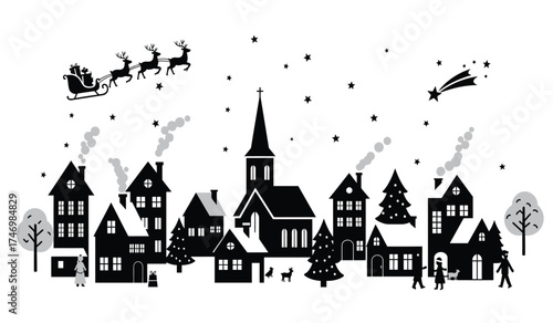 Charming silhouette of a snowy village scene with santa claus and reindeer flying in the night sky celebrating christmas winter holidays isolated on white background