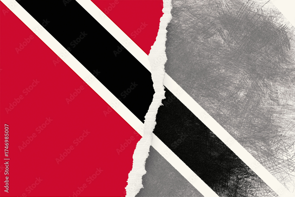Naklejka premium An abstract digital rendering presents a split Trinidad and Tobago flag, showing vibrant colors on one half and a textured, sketched grayscale design on the opposing side, evoking a