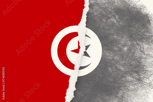 This image shows the Tunisian flag portrayed with half in vivid color, representing strength, while the other half is a faded sketch, symbolizing potential or past struggles.