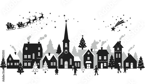 Charming silhouettes of a snowy village with santa's sleigh flying overhead amidst falling snow and a shooting star isolated on white background