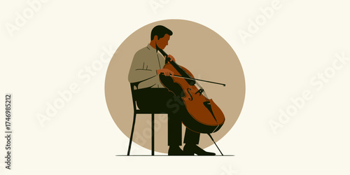 Artistic rendering of a cellist performing a classical piece, isolated on a light background with a circular frame