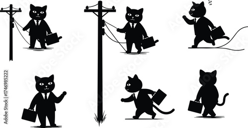 Set of six anthropomorphic business cat silhouettes in suits with briefcases, climbing utility poles, walking, waving, humorous corporate feline mascot illustration design