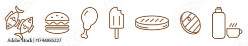 Food icons set isolated on transparent background. Includes fish, burger, chicken leg, steak, ice-cream, hot drink in thermos and cup. Simple line style perfect for restaurant, menu, café and picnic