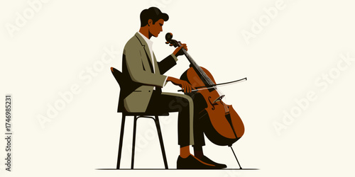 A professional male cellist in formal attire gracefully playing a classical string instrument during a solo recital