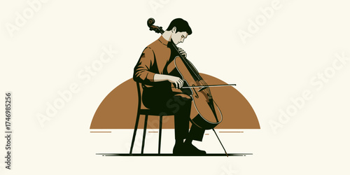 Modern flat vector illustration of a musician playing the cello, a classical string instrument, during a concert performance