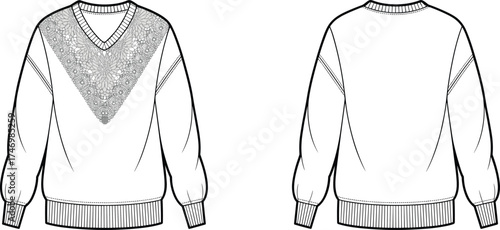 Sweater Longsleeve Fashion Apparel Garment Knitwear Pullover Clothing Illustration Sketch Design Technical Flat Drawing Template Vector Outline Ribbed Neckline Cuffs Hem Lace Floral