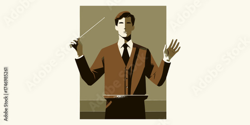 Minimalist artistic illustration of a male orchestra conductor leading a symphony with a baton, embodying leadership and musical precision