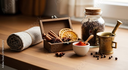 Fototapeta Naklejka Na Ścianę i Meble -  Still life of aromatic spices on a wooden kitchen counter
