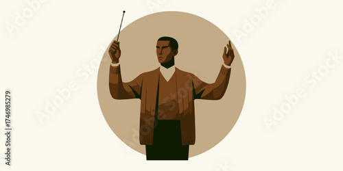 Elegant illustration of a Black orchestra conductor leading a symphony with a baton, a symbol of artistic leadership and harmony