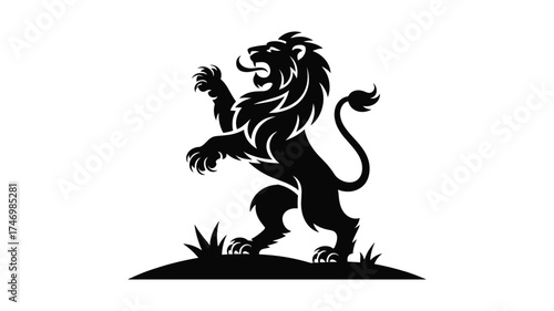 Black silhouette of a heraldic lion standing on its hind legs on a grassy mound emblem
