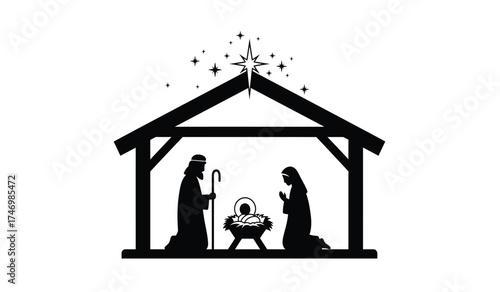 Classic nativity scene silhouette depicting the birth of jesus in a stable with mary joseph and the infant christ child under starry sky isolated on white background