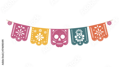 Colorful Papel Picado Banner with Skull and Flower Designs for Day of the Dead Celebration dia de los muertos