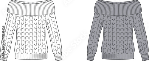 Sweater Offshoulder Cable Knit Pullover Wide Collar Apparel Clothing Fashion Outfit Garment Textile Illustration Drawing Design Casual Winter Women Ribbed Cuffs Hem Stylish