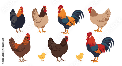 A collection of colorful chickens and roosters with chicks.