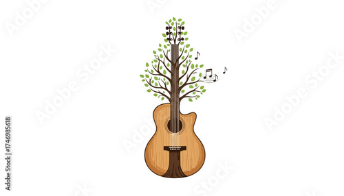 An acoustic guitar with a tree growing out of it, leaves forming the sound hole and musical notes floating around.