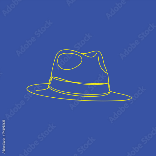 Minimalist Line Drawing of a Classic Fedora Hat on a Solid Blue