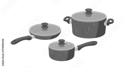 A collection of cooking pots and pans with lids for culinary preparation.