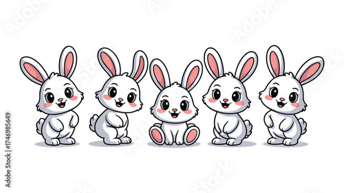 Five Cute Cartoon White Bunnies in a Row on White Background bunny rabbit