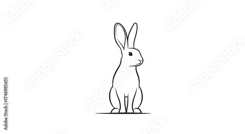 A simple line drawing of a rabbit sitting patiently with long ears alert on a white background.
