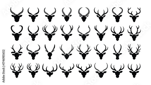 Grid of black silhouette heads of various horned animals on white background horns
