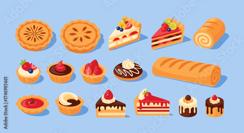 A delightful assortment of freshly baked sweet treats and pastries including pies cakes and tarts.