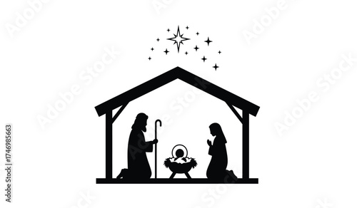 Sacred nativity scene silhouette of mary joseph and baby jesus in stable with star symbolizing christmas holiday season religious celebration isolated on white background