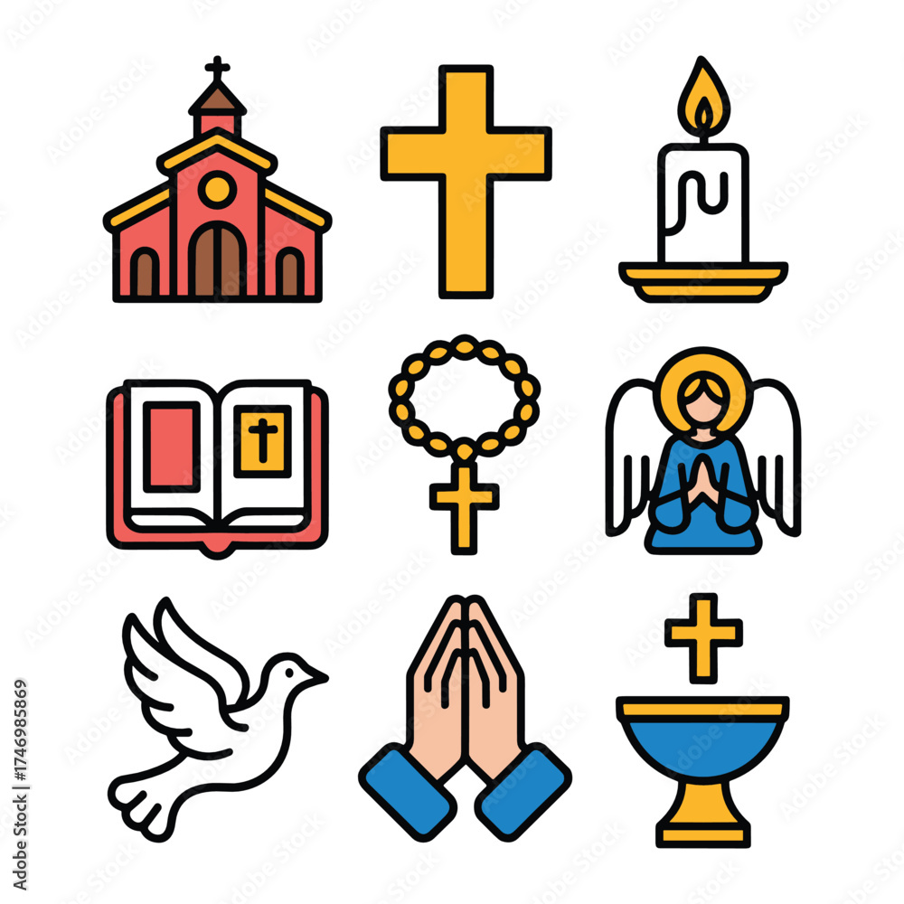 Fototapeta premium Religious Icons Collection With Church Cross Candle Bible Rosary Angel Dove Praying Hands And Baptismal Font