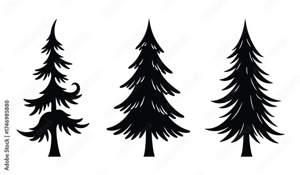 Obraz premium Silhouette forest scene three pine trees stylized graphic artistic nature element isolated representation abstract woodland isolated on white background