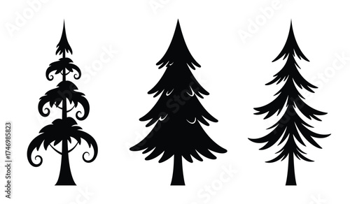 Three distinct black silhouettes of pine and fir trees offering a variety of woodland and winter decorative elements isolated on white background