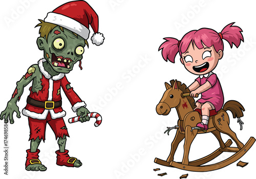 Zombie Santa costume, cheerful girl riding broken rocking horse, horror and innocence contrast, festive cartoon scene, creepy cute holiday illustration