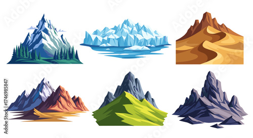 A diverse collection of stylized mountain landscapes and icy formations.