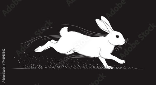 An illustration of a white rabbit running quickly through grass with motion blur effect on a dark background.