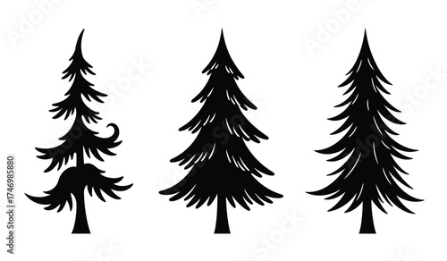 Silhouette forest scene three pine trees stylized graphic artistic nature element isolated representation abstract woodland isolated on white background