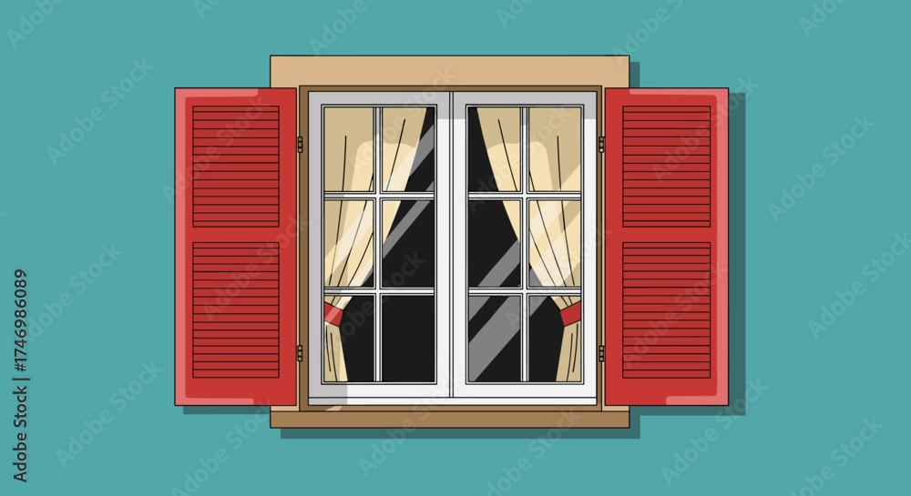 Obraz premium A close-up view of a classic window with vibrant red shutters and sheer curtains visible inside.
