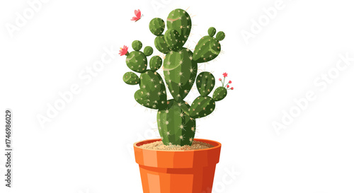 A vibrant prickly pear cactus blooming with delicate pink flowers and a butterfly fluttering above.