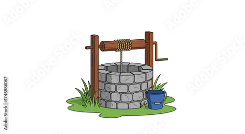 An old stone well with a wooden crank and a blue bucket collecting water from the ground.