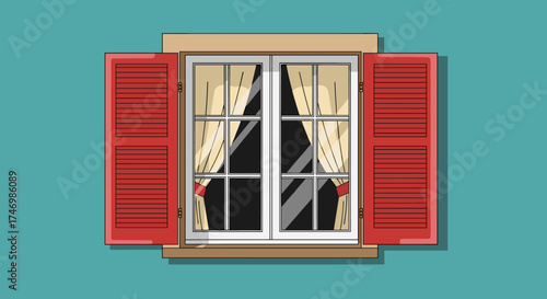 A close-up view of a classic window with vibrant red shutters and sheer curtains visible inside.
