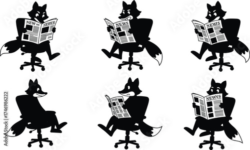 Set of six anthropomorphic fox silhouettes sitting on office chairs reading newspapers, professional animal mascot illustration, whimsical corporate business news concept design
