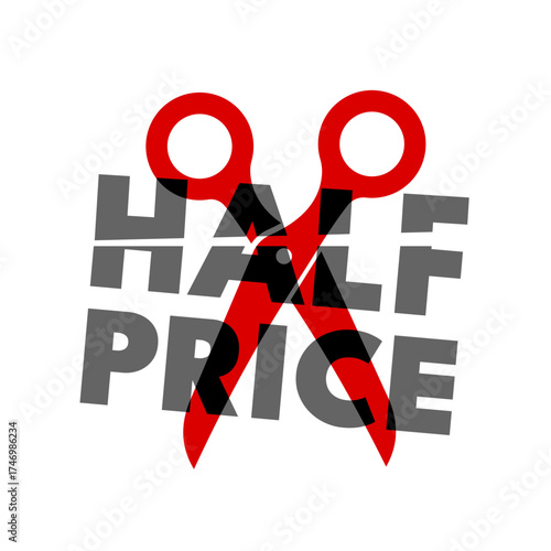 Half price sale promotional red sticker with scissors  -vector illustration
