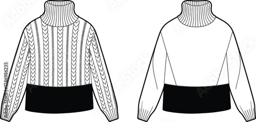 Sweater Turtleneck Cable Knit Pattern Pullover Highneck Apparel Clothing Fashion Outfit Garment Textile Illustration Drawing Design Casual Winter Unisex Ribbed Cuffs Hem Stylish