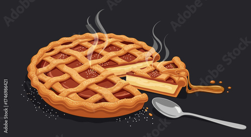 A delicious homemade pie with a flaky crust and rich caramel filling is served on a dark background.