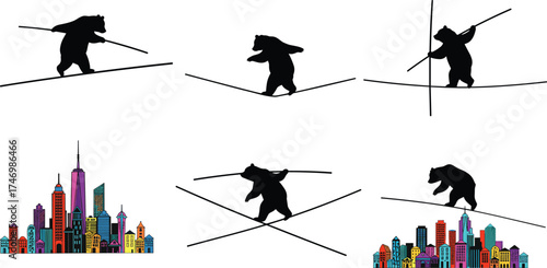 Set of six bear tightrope silhouettes with balancing poles and colorful city skylines, whimsical urban balance concept, symbolic circus challenge illustration